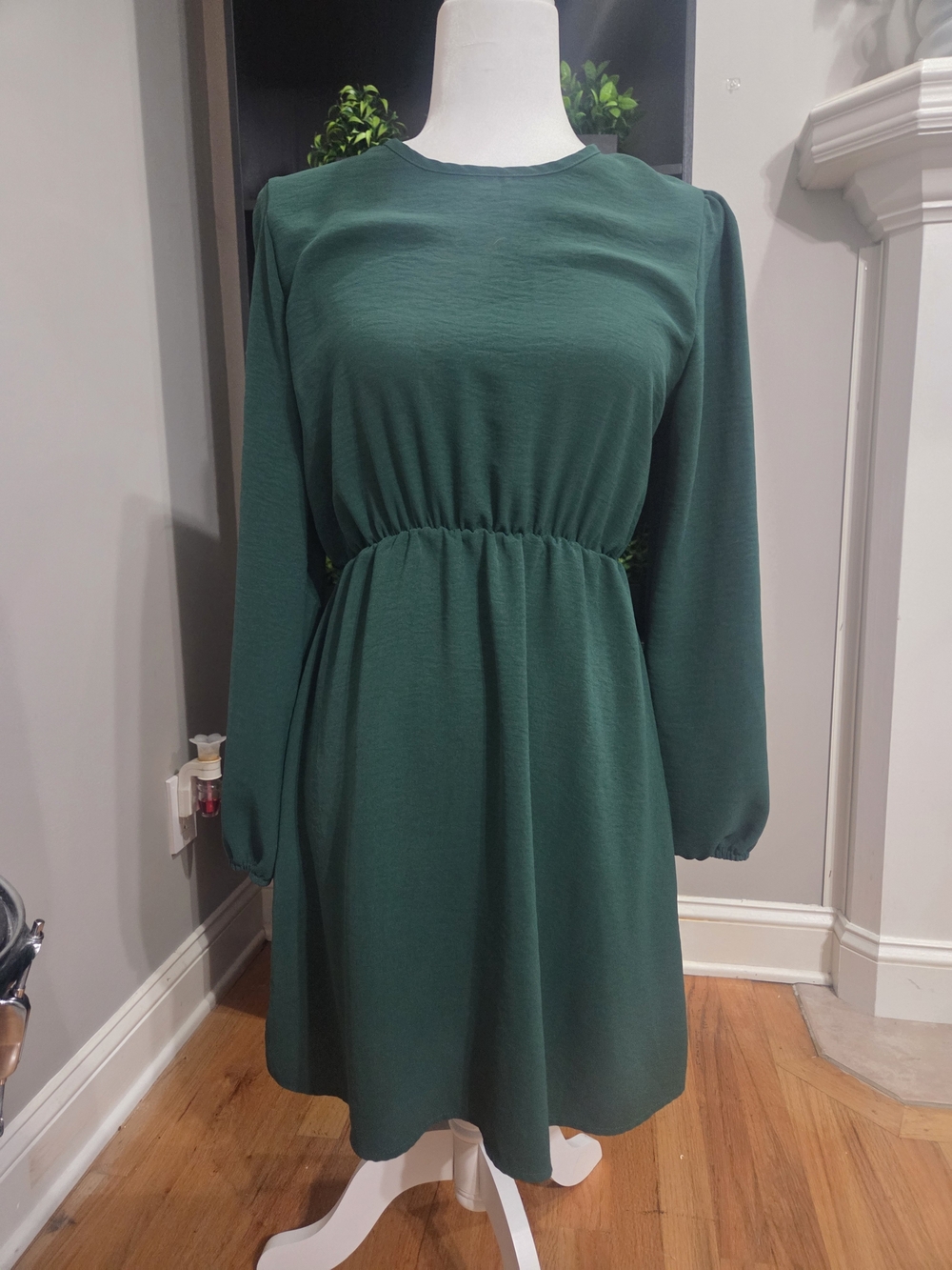 Women's Emerald Green Long Sleeve Gathered Waist Dress
